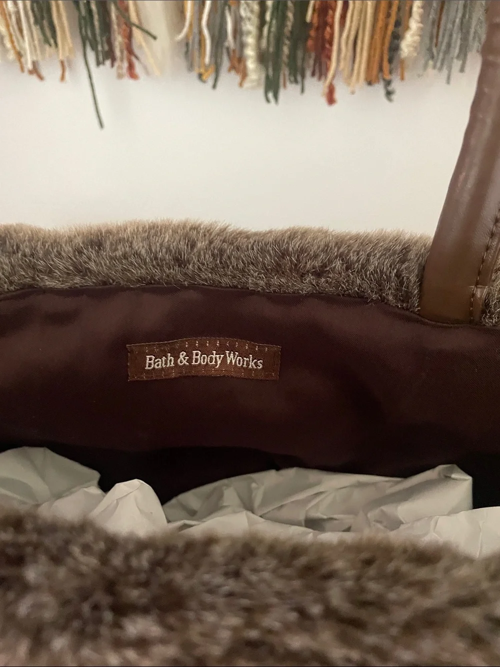 Bath & Body Works Brown Woven Tote with Faux-Fur Trim